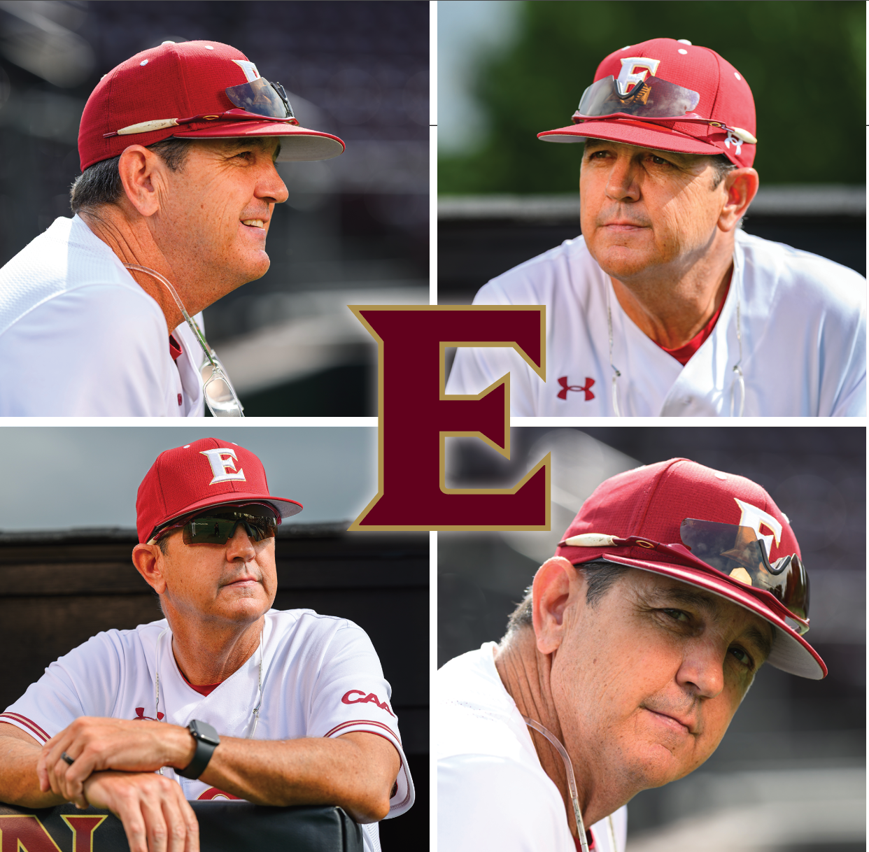 Four photos of Elon baseball head coach Mike Kennedy in the dugout surround a large Elon “E” monogram.